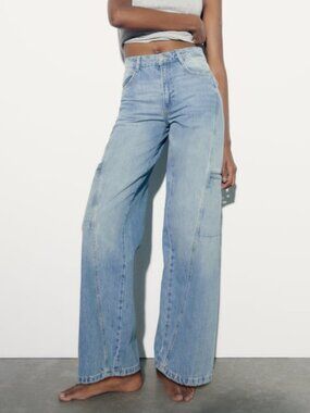 ZARA TRF MID-RISE WIDE LEG CARGO JEANS LIGHT WASH SIZE 36 REF 3991/028/400